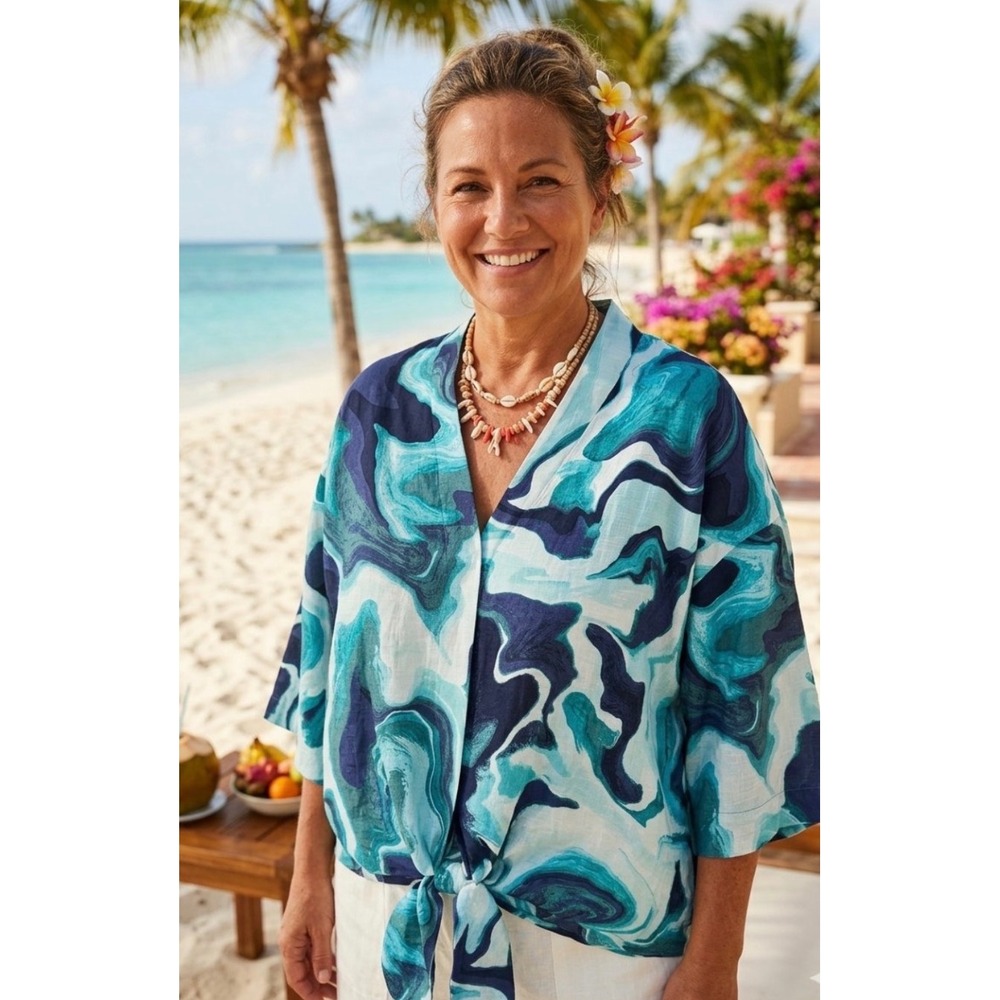 INC International Concepts Hattie Dye Tie Front Top XL Blue Marble Tencel Blouse